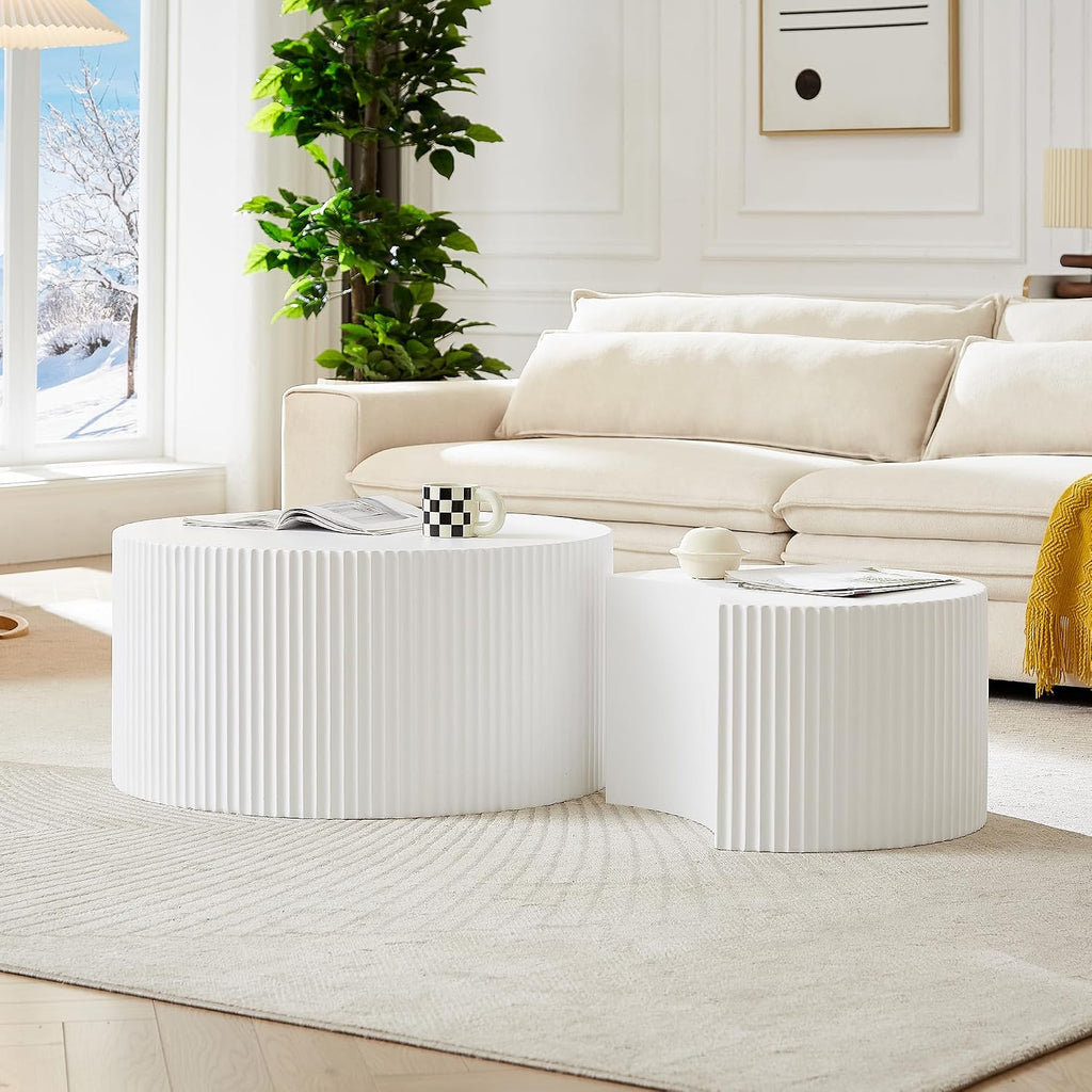 White Round Coffee Table Set of 3 Modern Drum Circle Nesting Coffee Tables for Living Room, Contemporary Wood Fluted Embossed Round+Small Crescent Coffee Table, No Assembly, White(3-Pcs)