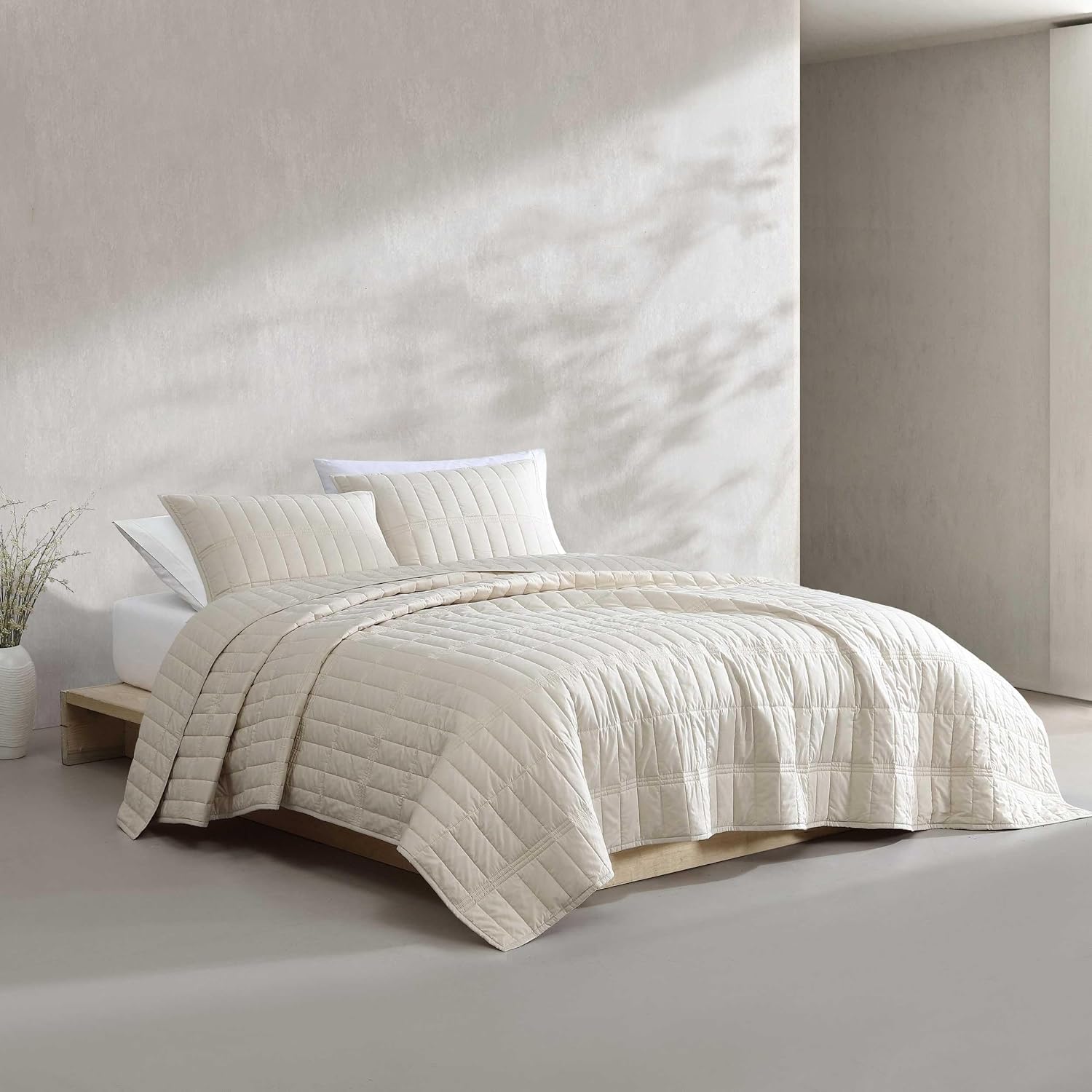 Calvin Klein - Twin Quilt Set, Cotton Percale Weave Bedding with Matching Sham, Crisp & Cool, Dorm Essentials, Oeko-Tex Certified (Washed Percale Light Beige)