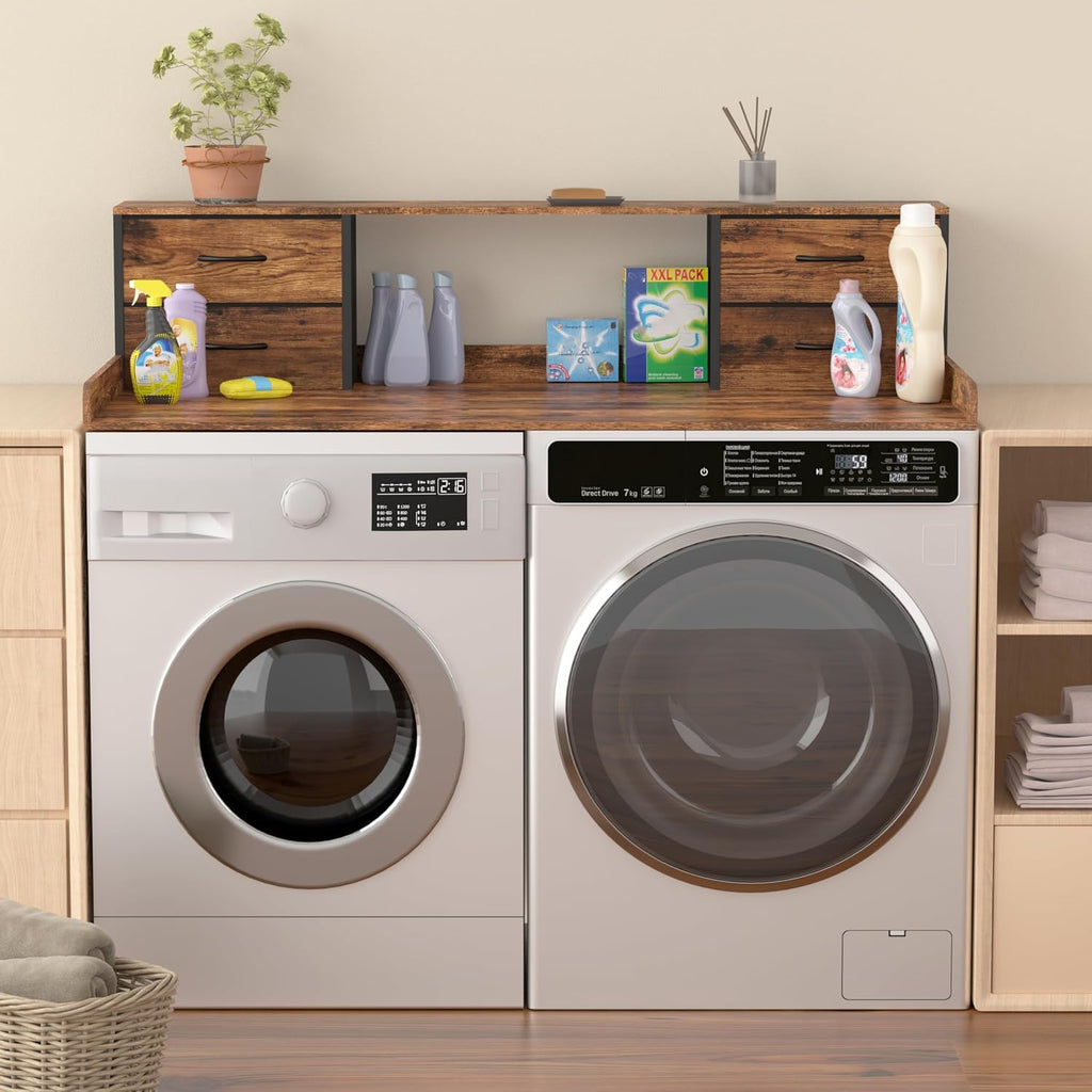 Unionly Washer and Dryer Countertop, 27.5' D x 53.9' W x 12.9' H Solid Wood Washer Dryer Countertop with Organizer Shelves with Four Drawers for Laundry Room Organization (Rustic Brown)