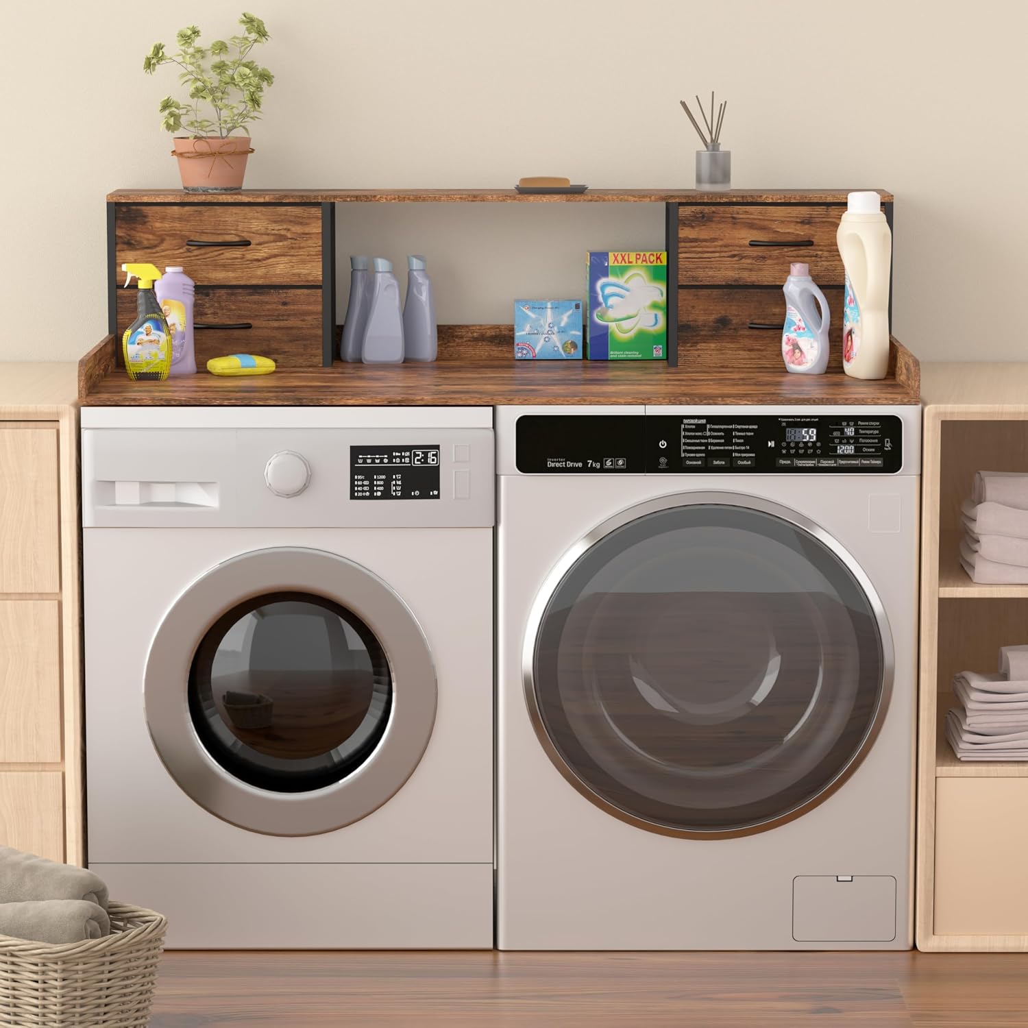 Unionly Washer and Dryer Countertop, 27.5' D x 53.9' W x 12.9' H Solid Wood Washer Dryer Countertop with Organizer Shelves with Four Drawers for Laundry Room Organization (Rustic Brown)