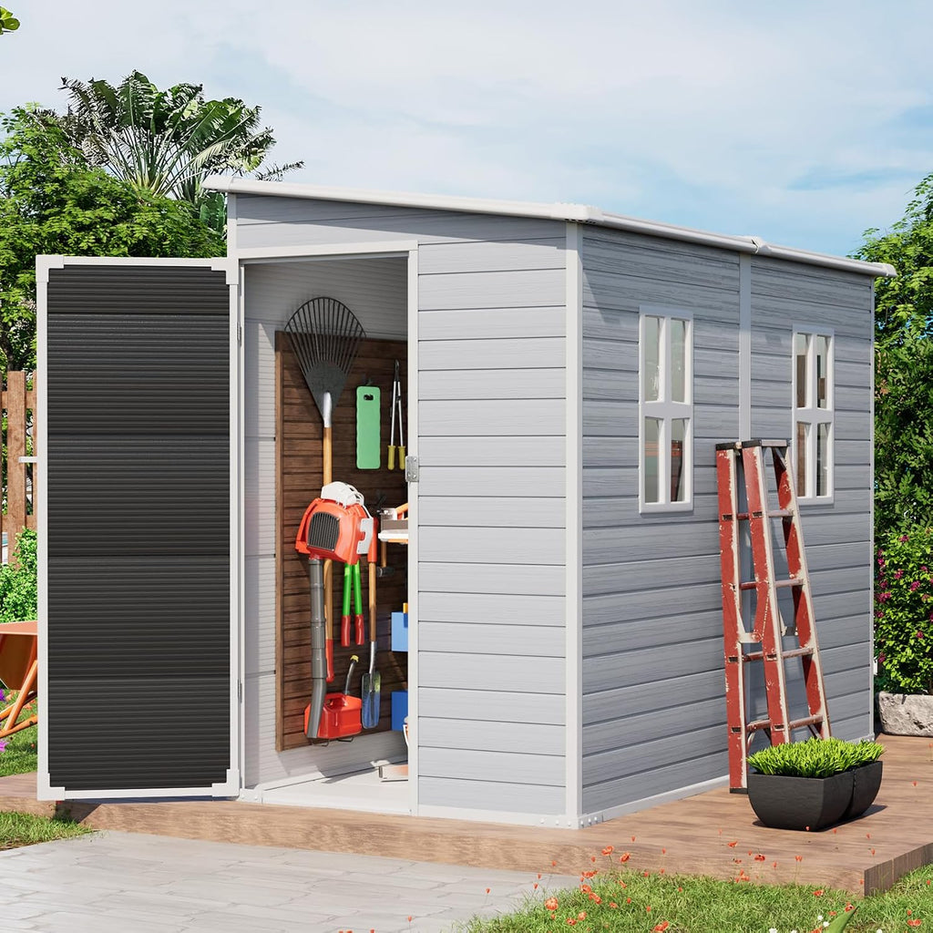 4x8 FT Outdoor Storage Shed with Floor, Upgraded Frame 16mm Thickened Resin Walls, Space-Saving Lean-to Tool House with 2 Windows & Lockable Single Door for Side Yard