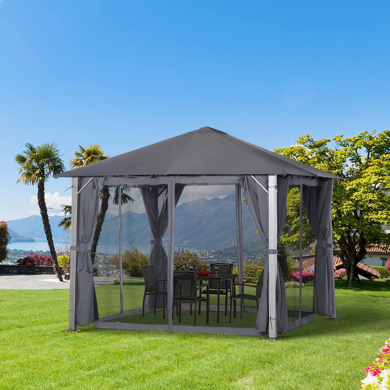 Outsunny 10' x 10' Patio Gazebo, Outdoor Gazebo Canopy Shelter with Netting & Curtains, Vented Roof, for Garden, Lawn, Backyard and Deck, Dark Gray