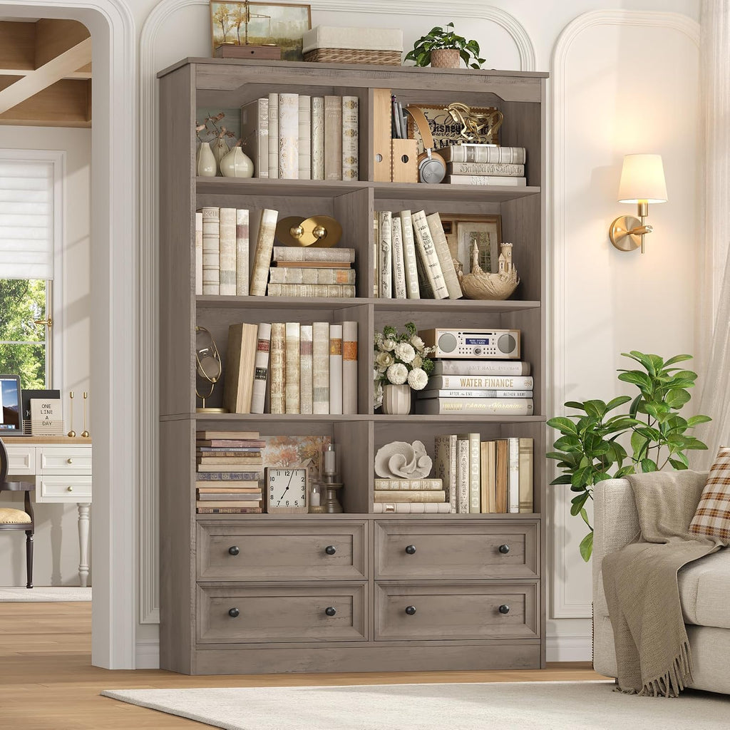 FINETONES 71' Tall Bookshelf with 4 Drawers, 6-Tier Double Wide Bookshelves and Bookcases with Storage, Ash Grey Bookshelf Large Open Bookshelves Standing Book Cabinet for Home Office