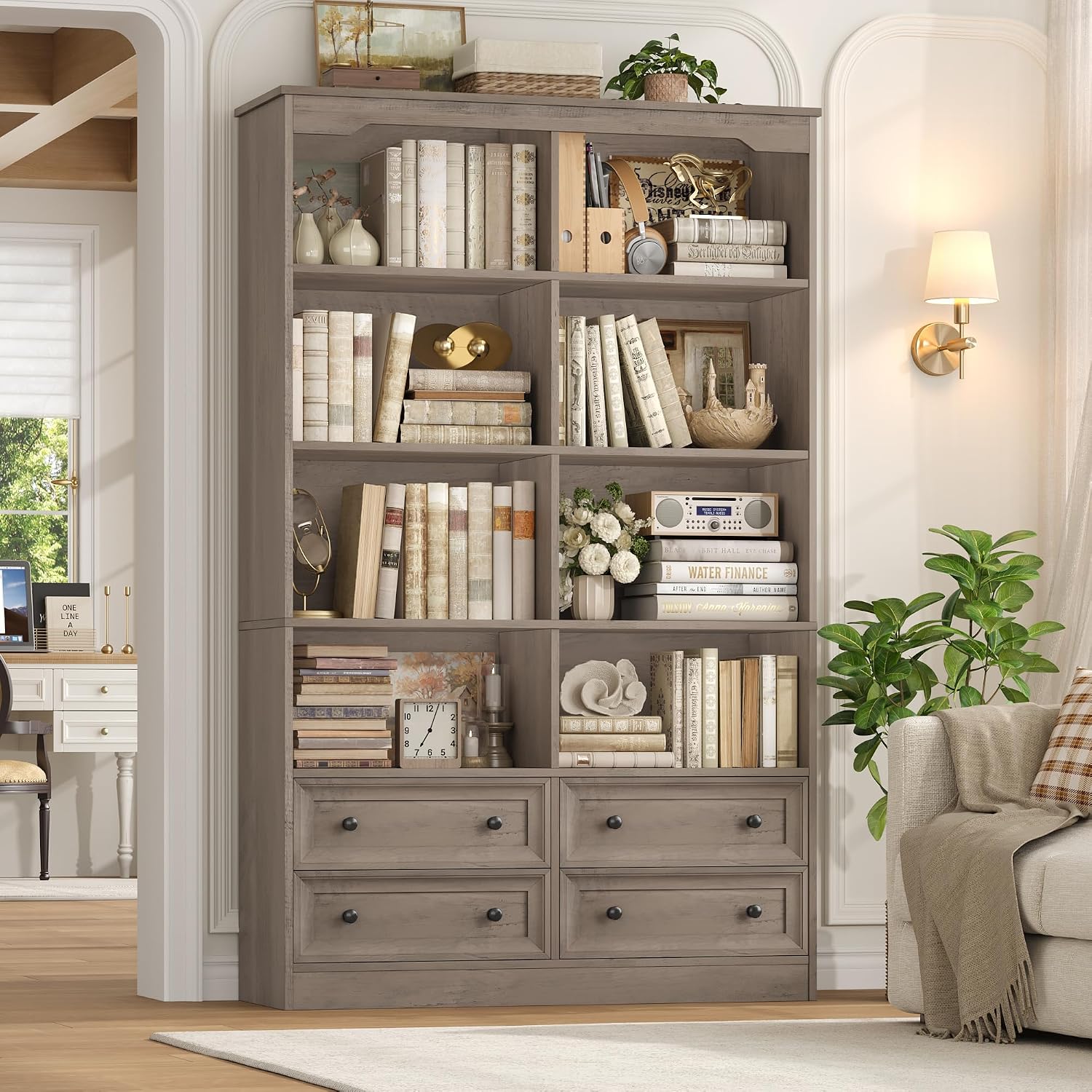 FINETONES 71' Tall Bookshelf with 4 Drawers, 6-Tier Double Wide Bookshelves and Bookcases with Storage, Ash Grey Bookshelf Large Open Bookshelves Standing Book Cabinet for Home Office