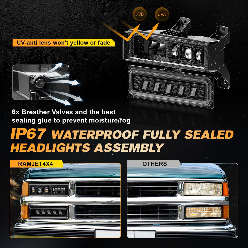 RAMJET4X4 DOT LED Headlight Assembly Hi/Low Beam Turn Signal Fit for 1988-1998 Chevy GMC C/K 1500 2500 3500 Silverado Suburban Tahoe Yukon Sierra OBS Truck
