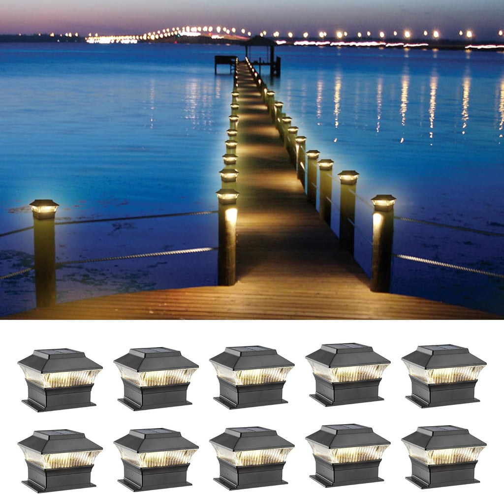 4x4 4x6 Fence Lights Solar Powered, Outdoor Post Cap Lights Yard Deck Garden Patio Mailbox Decorations 25 Lumens, 3000K Ip65 Waterproof, Black - 10 Pack