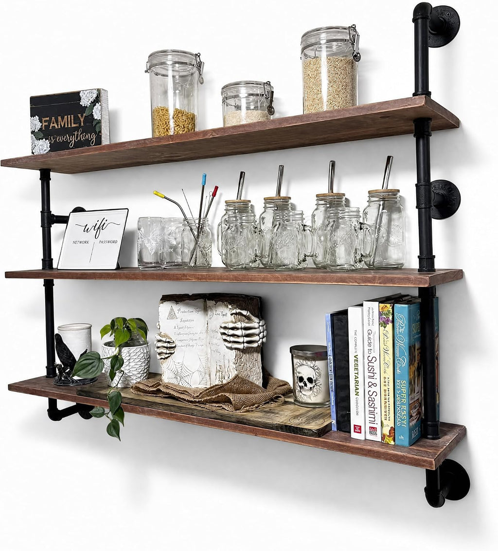 HDDFER Floating Shelves,Wall Mounted Rustic Wood Shelf,Pipe Shelves,Industrial Pipe Shelving with Real Wood Planks 48 inch Industrial Wall Shelves Hanging Bookshelf Farmhouse Kitchen Bar Shelving