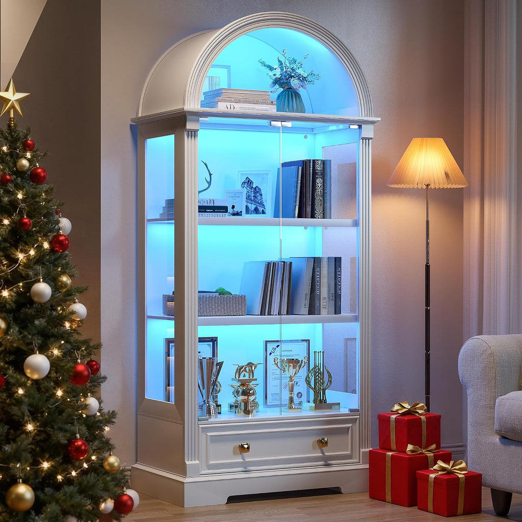 Dystler Lighted Display Cabinet with Glass Doors, 72' Tall Curio Cabinet - 4 Tier Display Case with Human Sensor Lights, Bookcase for Collectibles Toys Books, White