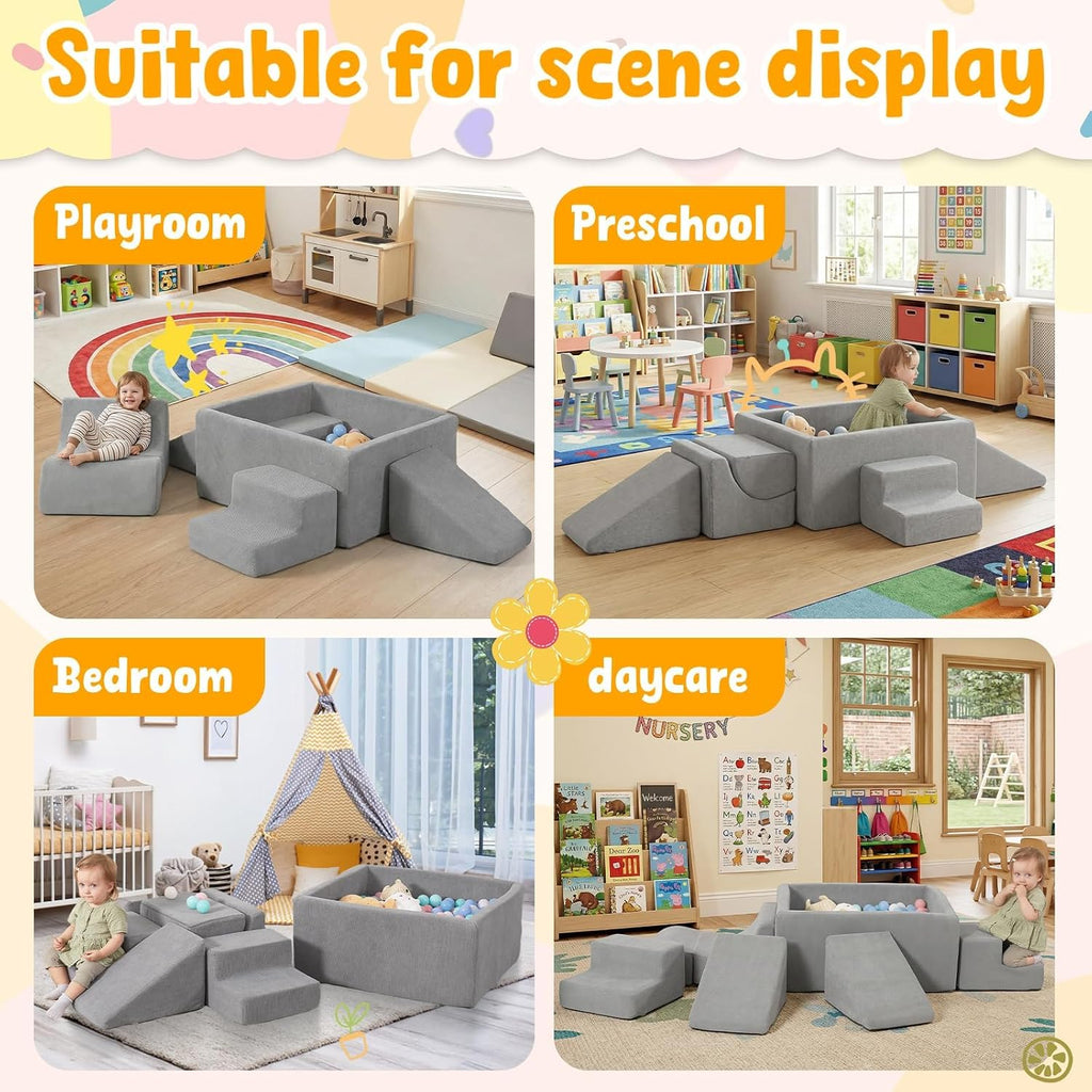 Baby Climbing Blocks with Ball Pit, 6-Piece Foam Climb & Crawl Play Set for Toddlers 1–3, Modular Soft Play Equipment with Washable Cover, Indoor Activity Toys, Gray (Balls Not Included)
