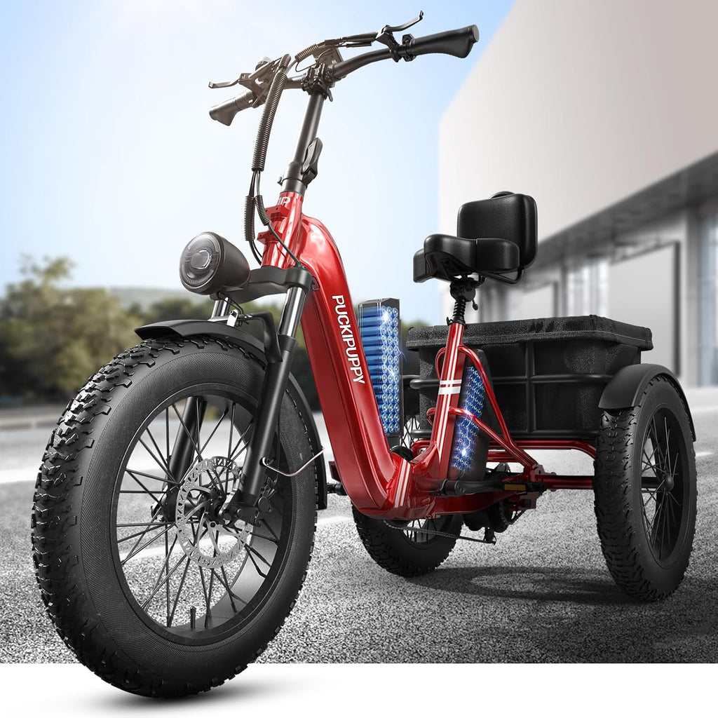 PUCKIPUPPY Dual Battery Electric Tricycle with 110-Mile High Range, 960W Peak Motor Pickup Class Trike, 500lb Load Capacity, 20'' Fat Tires and Large Basket for City and Mountain Trails, Husky Plus