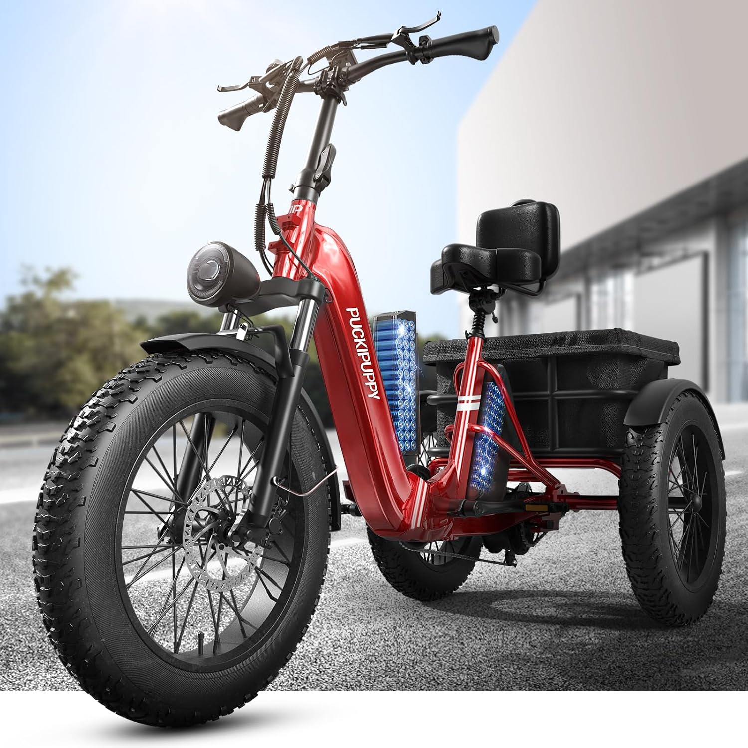 PUCKIPUPPY Dual Battery Electric Tricycle with 110-Mile High Range, 960W Peak Motor Pickup Class Trike, 500lb Load Capacity, 20'' Fat Tires and Large Basket for City and Mountain Trails, Husky Plus