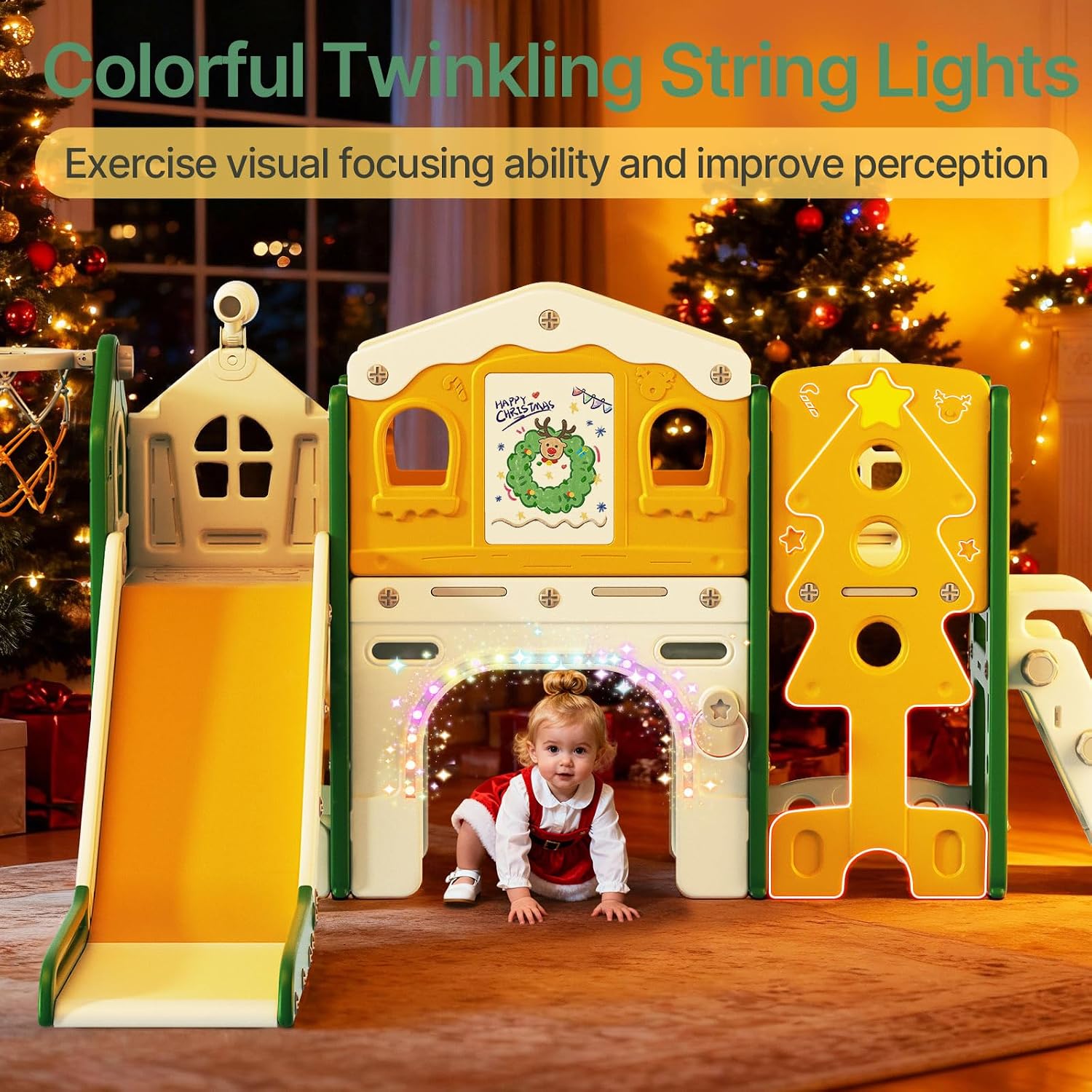 BIERUM 10 in 1 Toddler Slide Set - Baby Slide for Toddlers 1-3 with Colorful Lights, Drawing Board and Building Blocks Board, Indoor Outdoor Toddler Playset Playground, Green Yellow