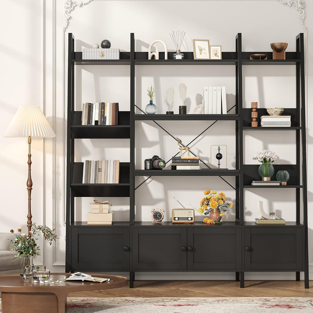 Nosepen Ladder Bookshelf with 4 Doors, 4 Tier Triple Width Large Open Storage Shelving, Industrial Style Capacity Home Office Bookcase with Adjustable Shelves, Display Cabinet Black