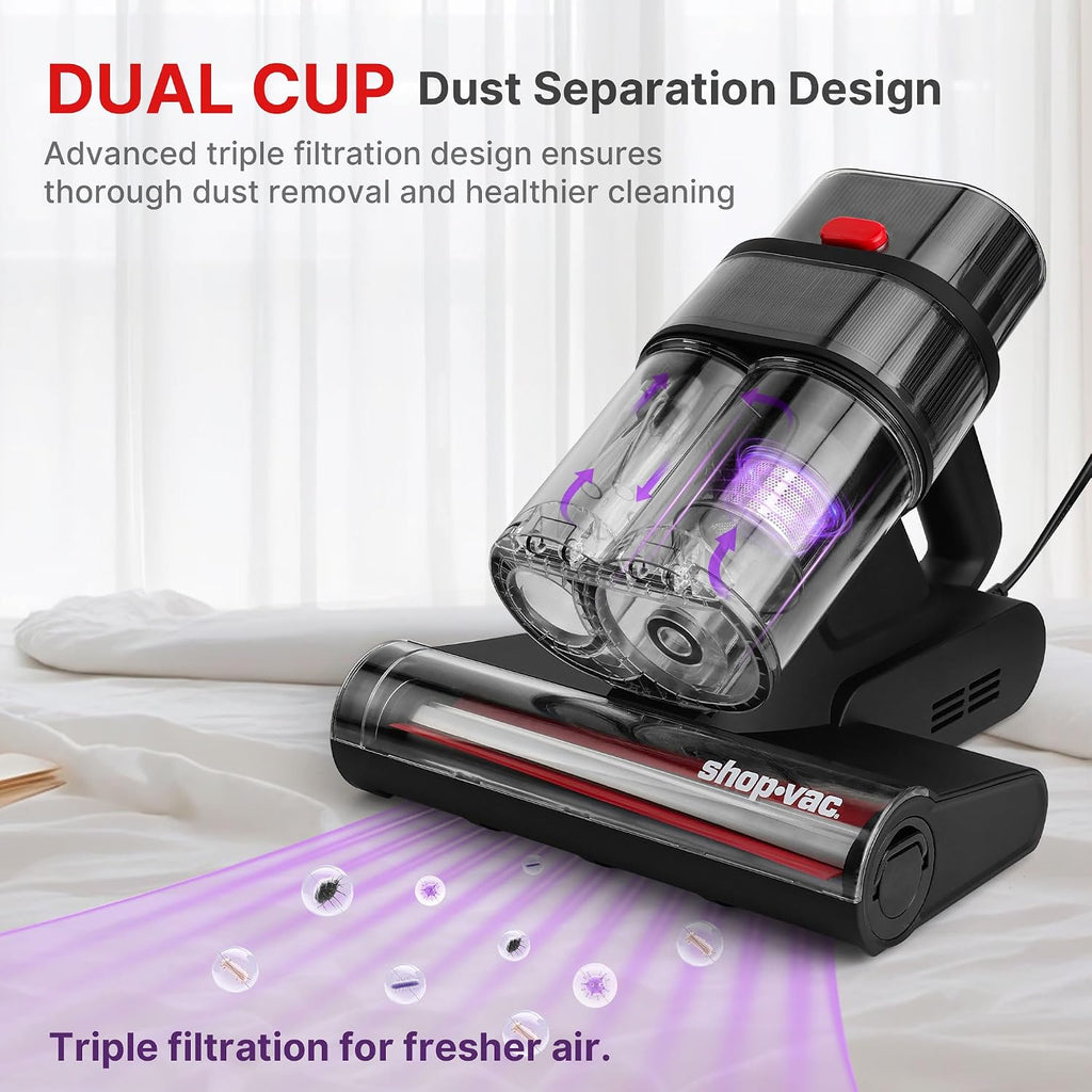 Shop-Vac Mattress Vacuum Cleaner, 14KPa Powerful Bed Vacuum with 253.7nm UV-C Light, 36960 RPM/Min Tapping, HEPA Filter & Ultrasonic, Dual Cup Filtration, for Bed, Sofa, Couch, 400W, 15.4 ft Corded