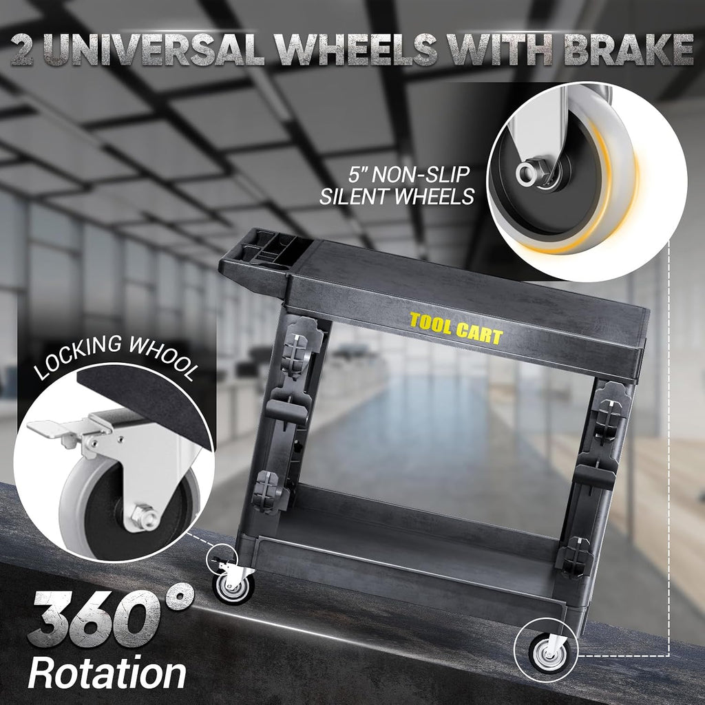 Flat Top Utility Cart Heavy Duty Flat with Full Swivel Wheels 600LBS Capacity 2 Shelf Service Cart Rolling Utility Carts with Wheels Ergonomic Handle for Warehouse,Garage,Cleaning, 45.6 X 25.2in