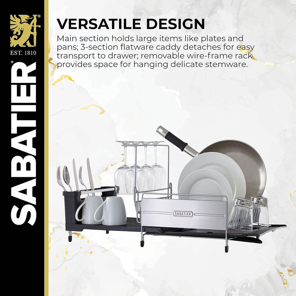 Sabatier Expandable Dish Drying Rack with Drainboard - Stainless Steel Dish Rack for Kitchen Counter, Stemware Holder and Utensil Caddy Included