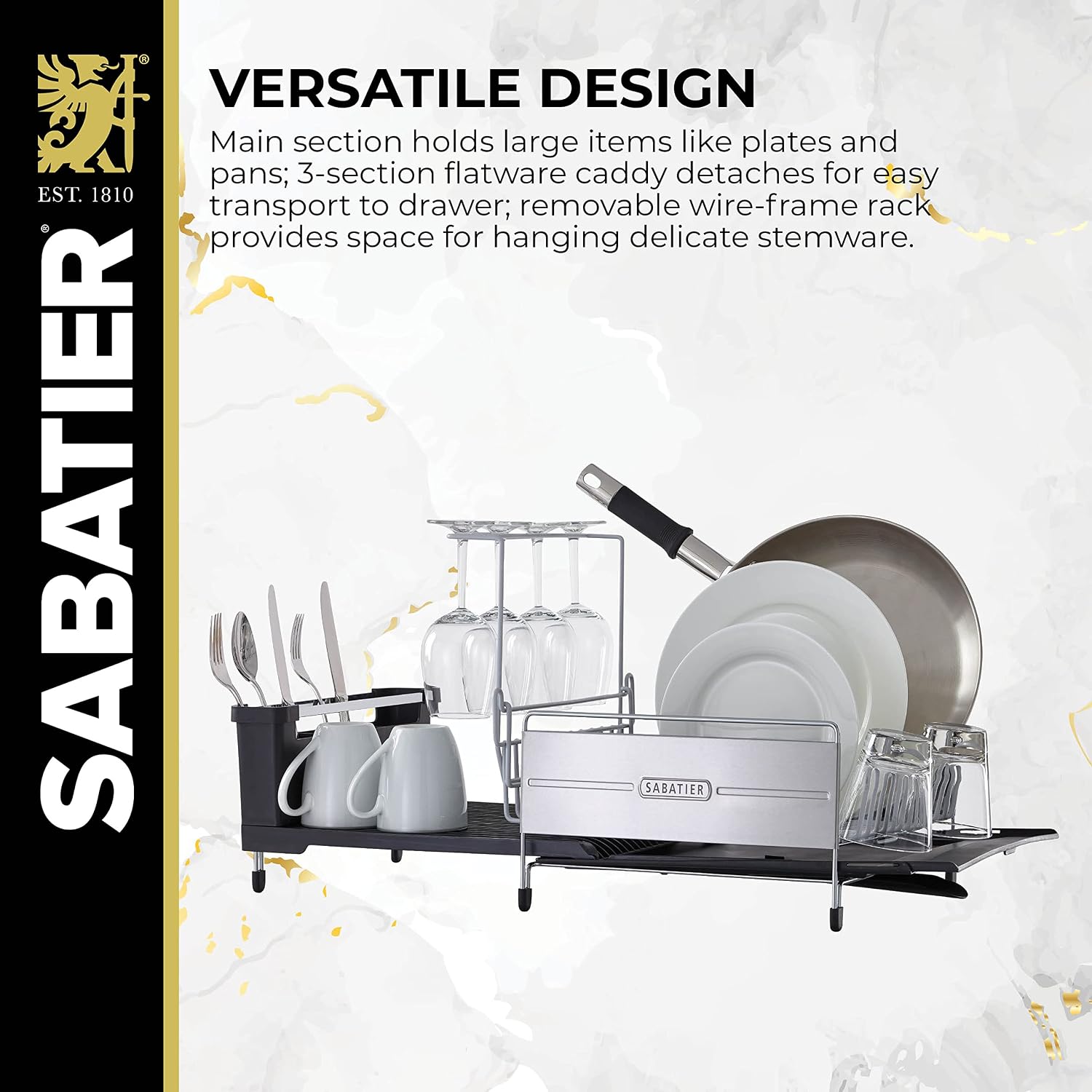Sabatier Expandable Dish Drying Rack with Drainboard - Stainless Steel Dish Rack for Kitchen Counter, Stemware Holder and Utensil Caddy Included