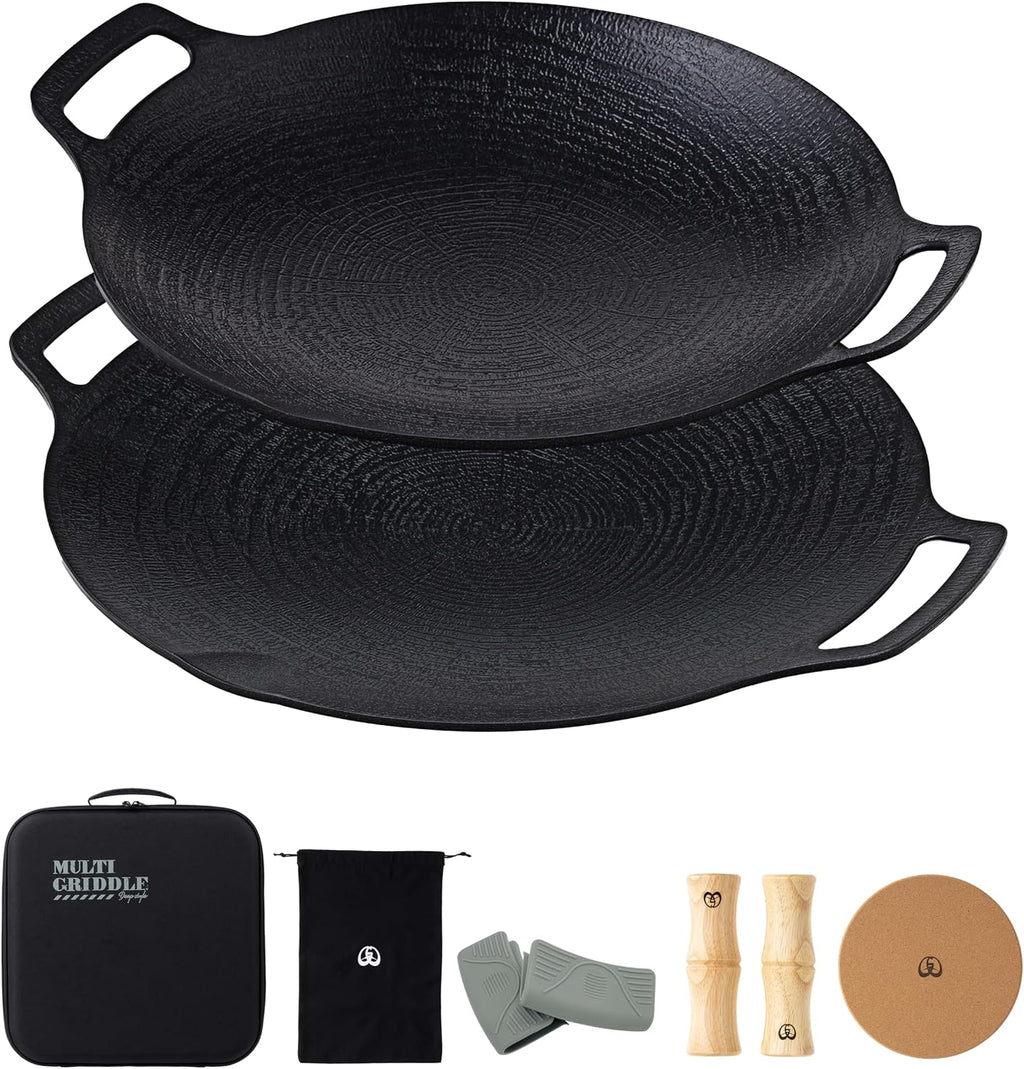 Honke JHQ Multi-Griddle Iron Plate, Flat 13.0 inches (33 cm), Deep 11.4 inches (29 cm), Set of 2 Main Units (Storage Hard Case, Wooden Grip, Cork, Storage Case, Gray Mittens), Genuine Product, Bonfire