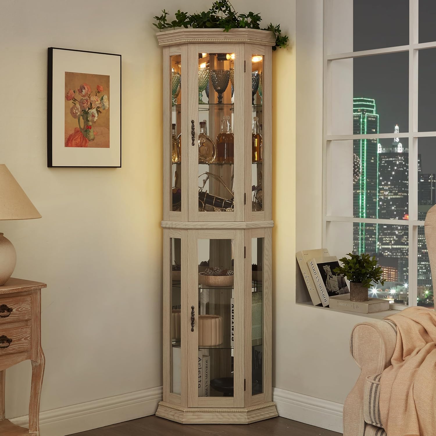 69'H Lighted Corner Display Cabinet, 6-Tier Wooden Curio Glass Cabinet with Adjustable Shelves & Glass Door, Corner Storage Display Case with Mirrored Back Pane for Living Room (Antique White)