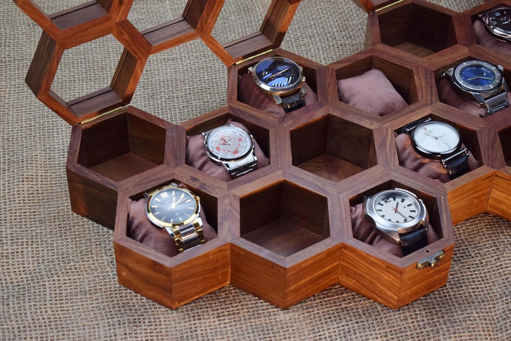 Royal Craft Expertise Dark Rosewood Honeycomb Watch Box - Sixteen Slot Display Case, Wooden Organizer for Men