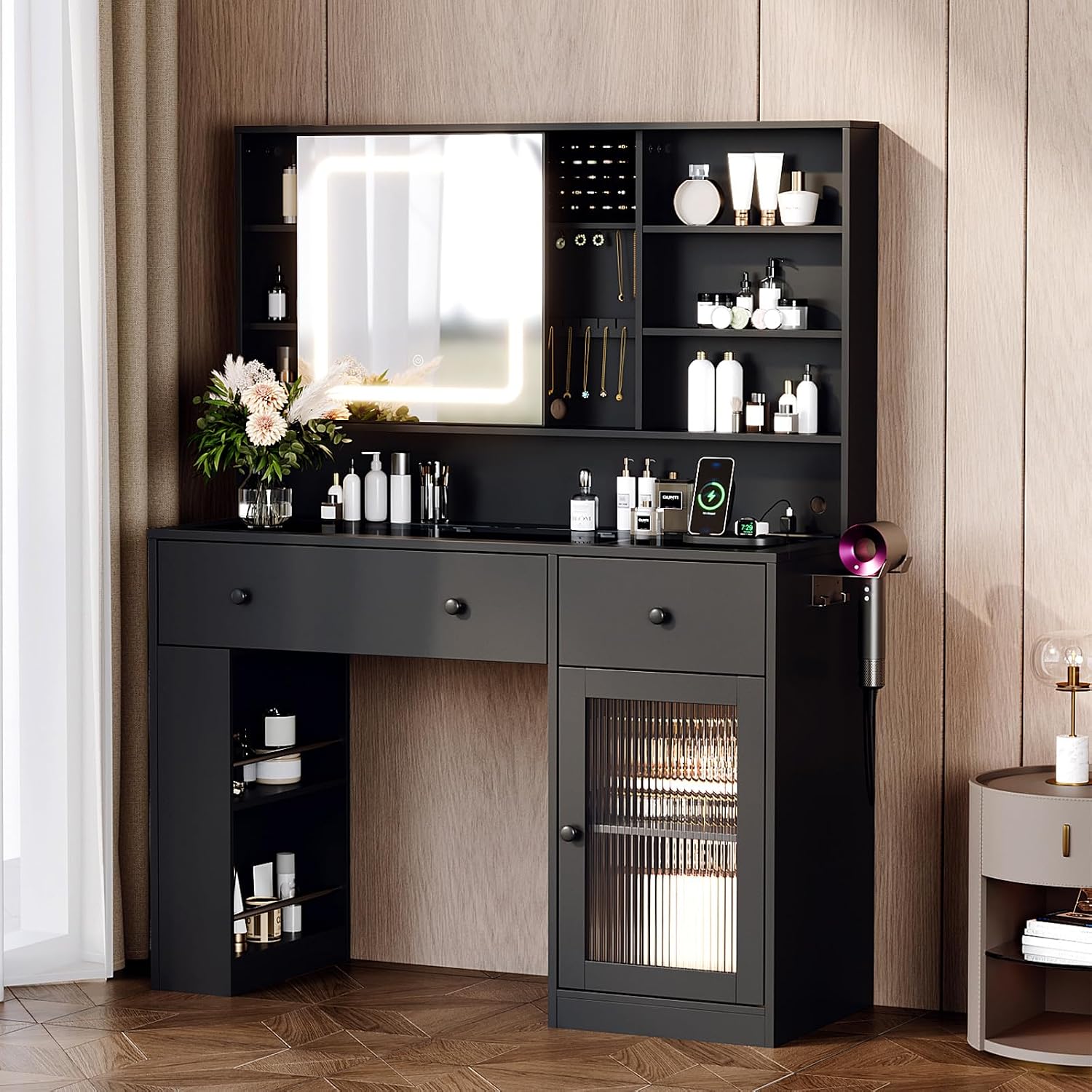 VINGLI Vanity Desk with Sliding Mirror and Lights, Glass Top Makeup Vanity Table w/Glass Cabinets w/Hidden Jewelry Storage & Power Outlets & Hairdryer Holder, 43in Black Dressing Table Gifts