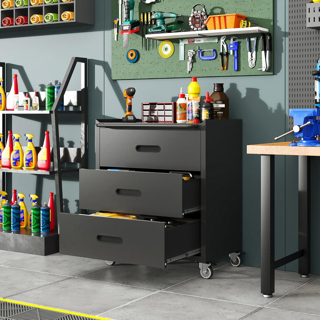 IKIMI 3 Drawer Mobile Tool Storage Cabinet,Heavy Duty Rolling Tool Chest for Garage Organization,Metal Storage Cabinets on Wheels,Assembly Required