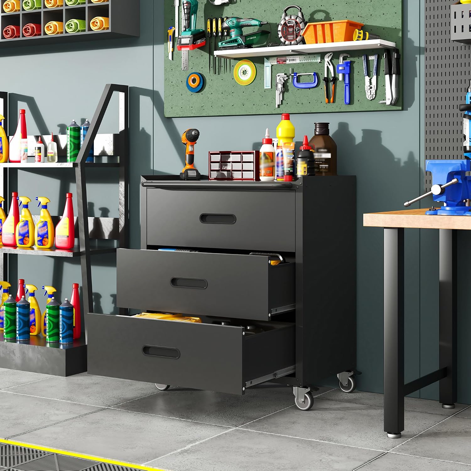IKIMI 3 Drawer Mobile Tool Storage Cabinet,Heavy Duty Rolling Tool Chest for Garage Organization,Metal Storage Cabinets on Wheels,Assembly Required