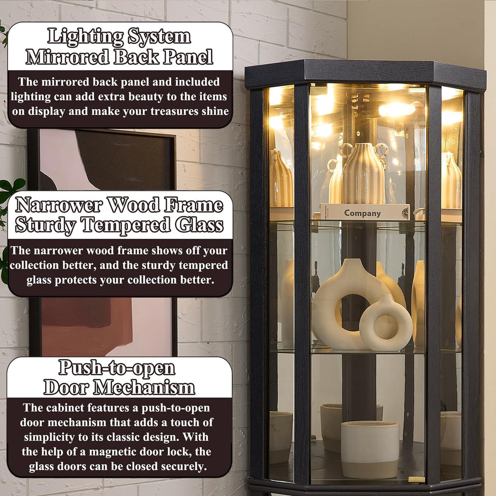 69' H Lighted Corner Display Cabinet, 5-Tier Wooden Curio Glass Cabinet with Adjustable Shelves & Glass Door, Corner Storage Display Case with Mirrored Back Pane for Living Room (Black)
