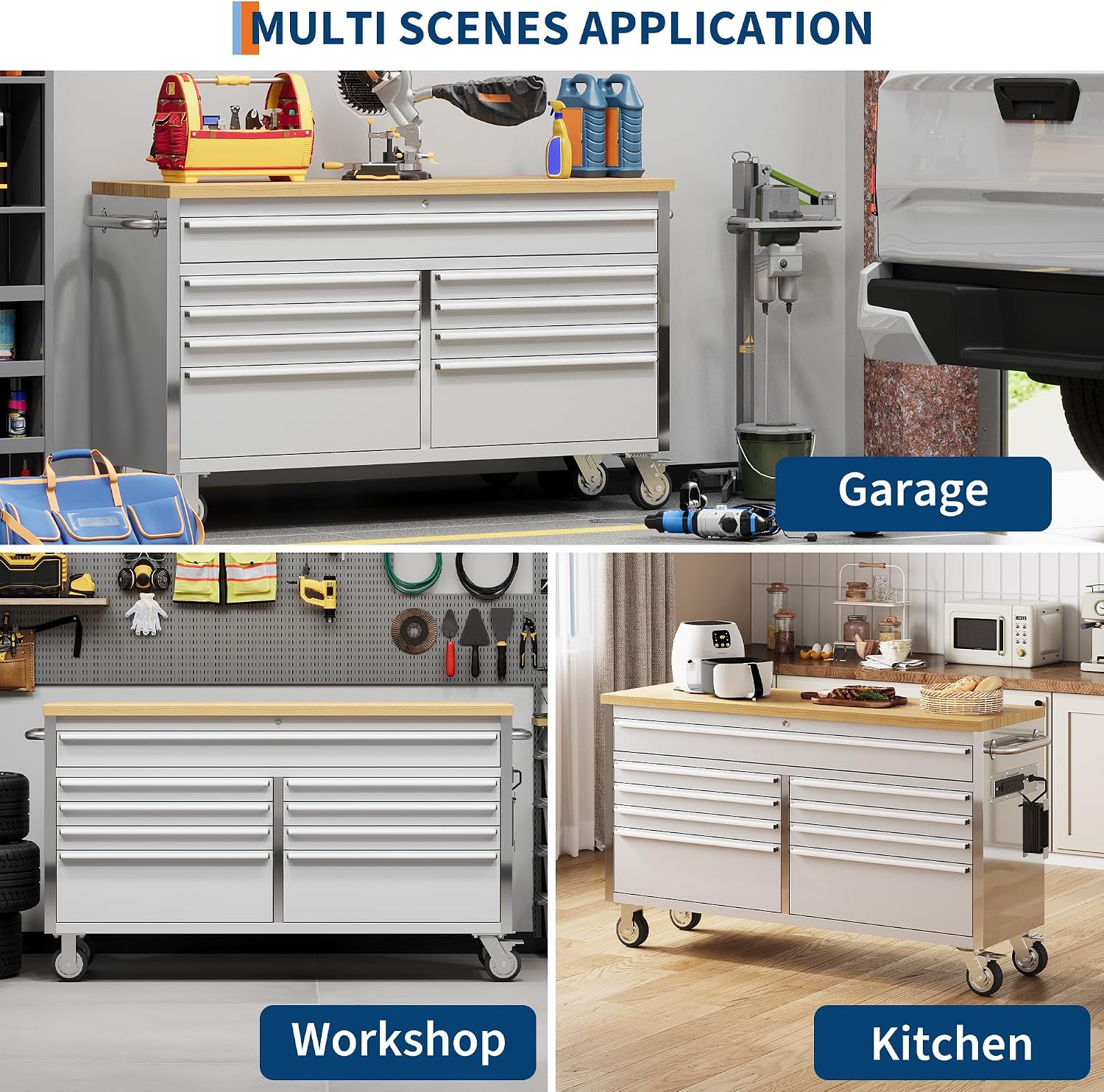 PeakPursuit 61' Rolling Tool Chest with 9 Drawers, Solid Rubber Wood Workbench Top, Locking Wheels & Key Lock, Mobile Garage Tool Cabinet for Workshop Storage & Organization, Silver