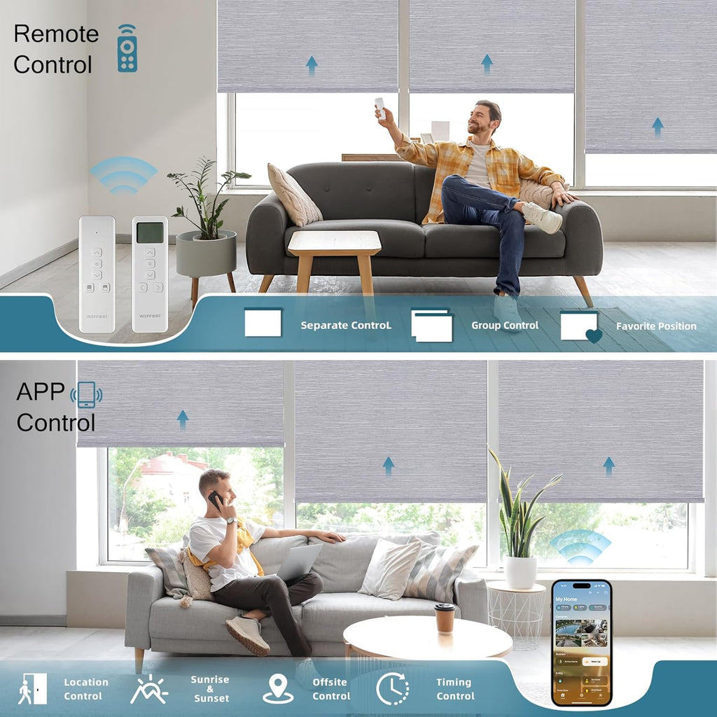Motorized Roller Shade,100% Blackout Smart Window Blinds Work with Homekit, Alexa, Google Home,Remote,Electric Blinds with USB/Solar Pannel Charging,Classic Grey