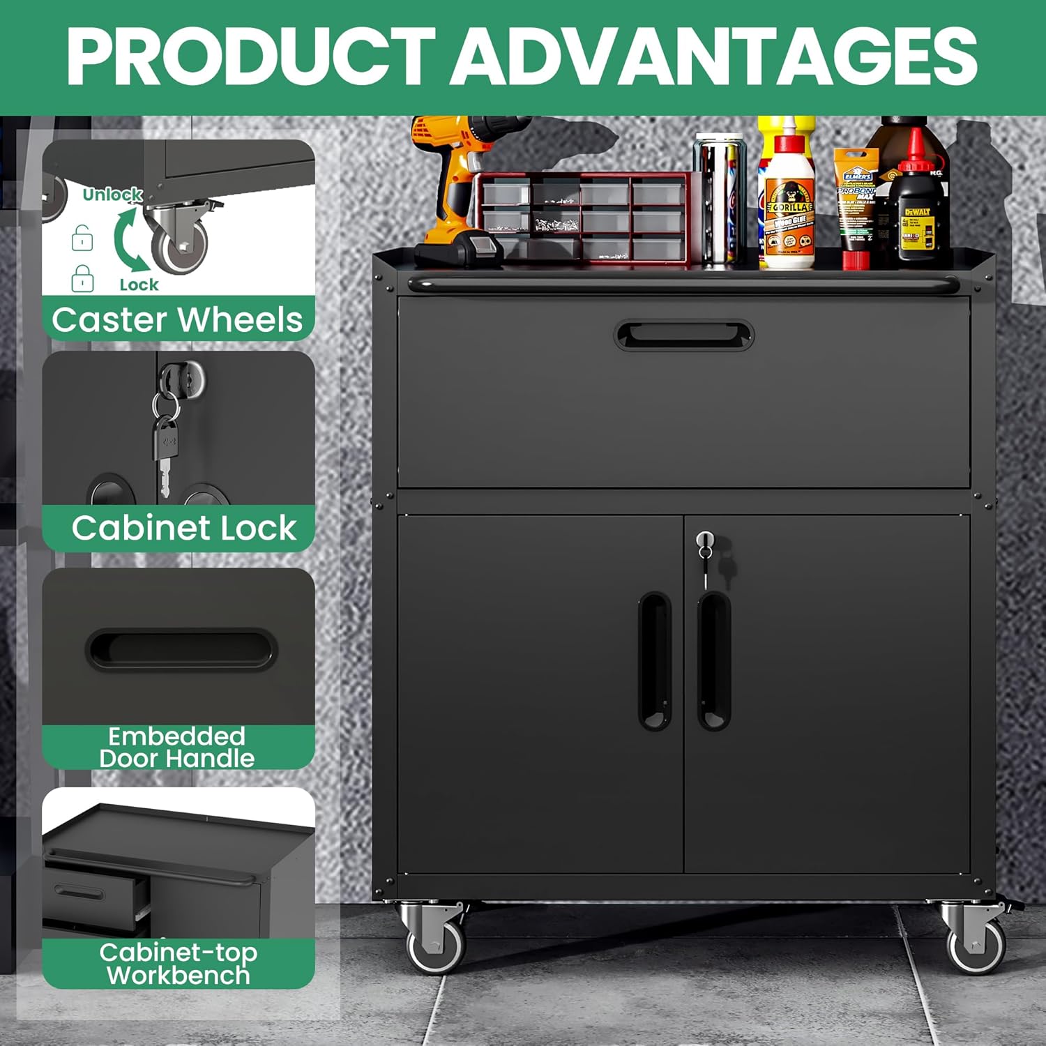 Garage Cabinets,Metal Garage Storage Cabinet with Wheels,Black Lockable Rolling Tool Cabinet with Drawer and Adjustable Shelves,Heavy Duty Tool Chest for Home Office Utility Room
