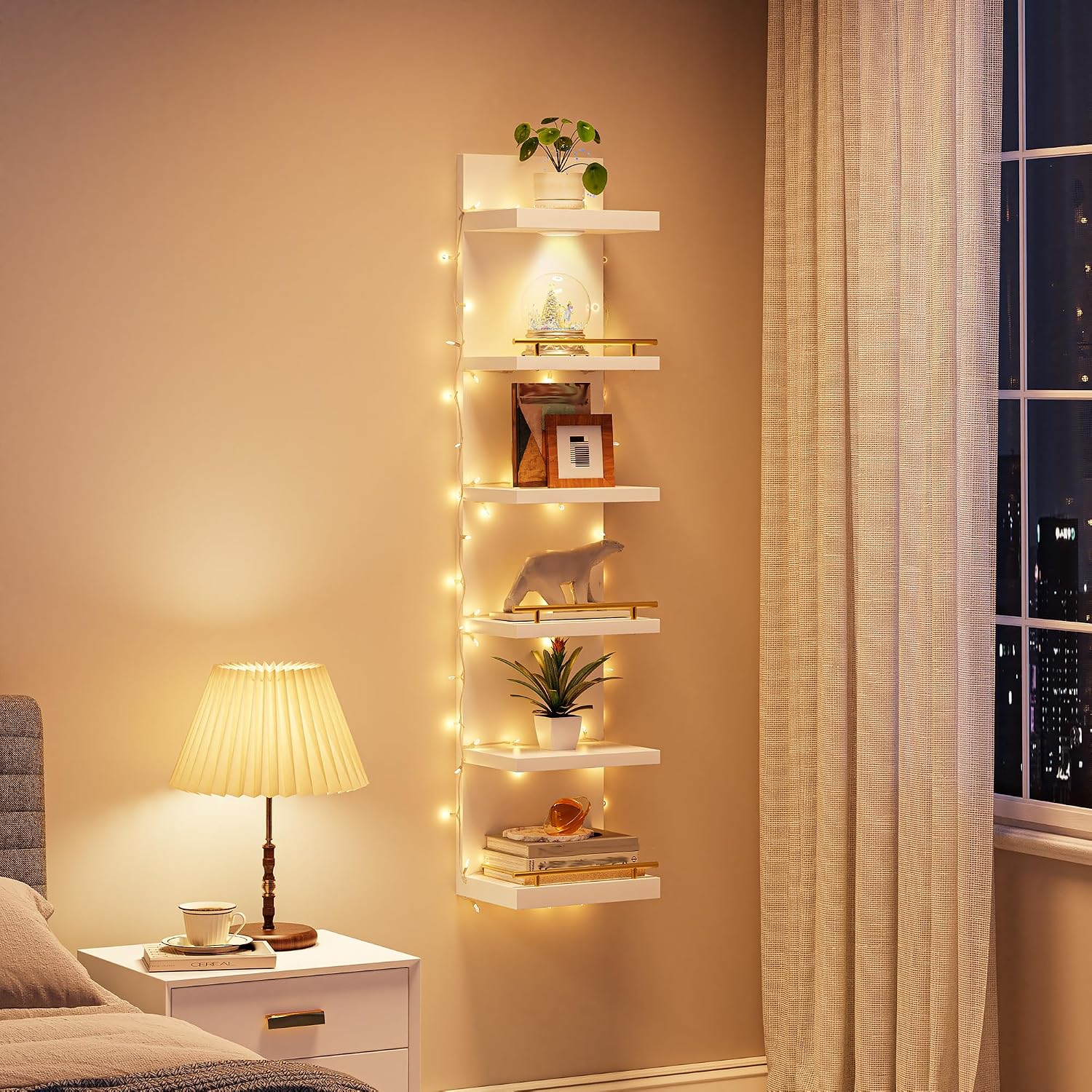 DurayLoly 2 Pack 6 Tier Wall Shelf Unit, White Floating Shelves, Display Shelf with LED Light, Floating Shelf for Living Room, Bedroom or Vanity Storage