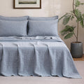 S VICTORY SYMBOL 100% Organic Linen Chambray Sheets Set Queen Size,Washed French Flax Bed Sheets 4 Pieces(2 Pillowcases,1 Fitted Sheet,1 Flat Sheet) Blue Denim,Yarn Dyed Natural Linen Bedding
