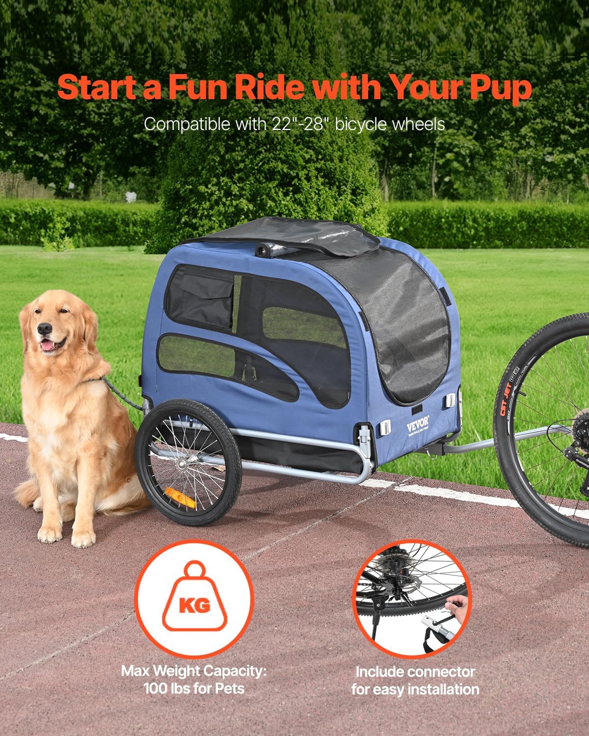 VEVOR Dog Bike Trailer, Supports up to 100 lbs, Pet Cart Bicycle Carrier, Easy Folding Frame with Quick Release Wheels, Universal Bicycle Coupler, Reflectors, Flag, Collapsible to Store