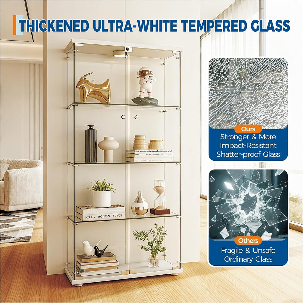 4-Tier 64.6h' Tempered Glass Display Cabinet (White) - Full-Glass Curio Case with 13-Color LED Lights & Human Body Sensor, 17.6LBS/Layer Capacity, Quick-Install Storage for Collectibles & Decor