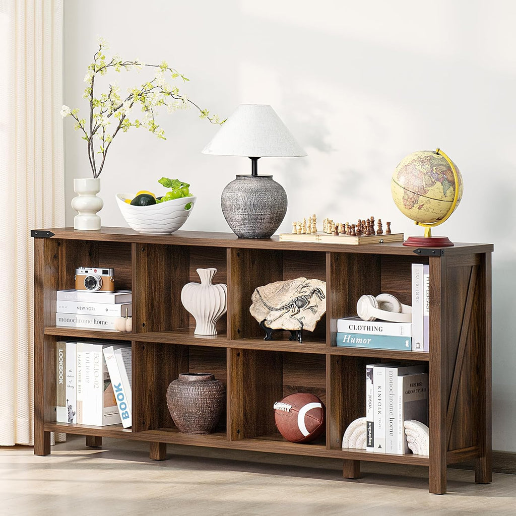 Joaxswe 8 Cube Book Shelf, Farmhouse Wood Long Storage Organizer Bookcase, 62' Horizontal Brown Walnut Console Closet Bookshelf, Hallway TV Stand for Entryway, Display Cabinet Book Case for Office