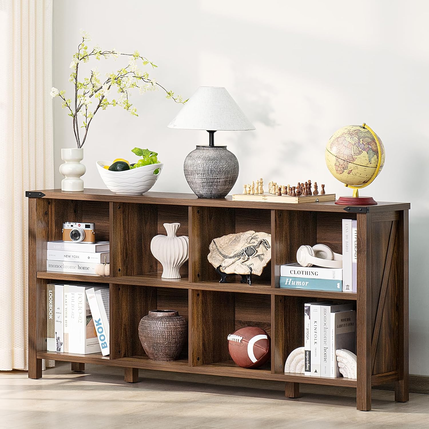 Joaxswe 8 Cube Book Shelf, Farmhouse Wood Long Storage Organizer Bookcase, 62' Horizontal Brown Walnut Console Closet Bookshelf, Hallway TV Stand for Entryway, Display Cabinet Book Case for Office