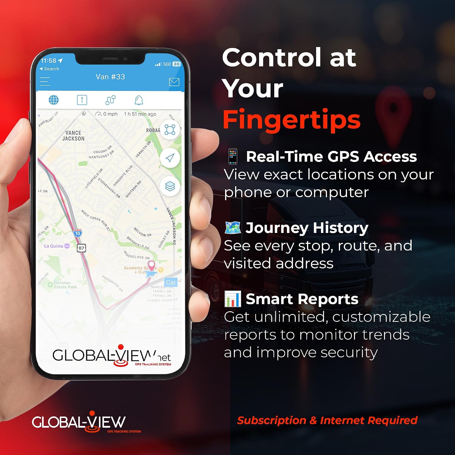 Global View The Eagle Live Streaming Vehicle Dash Cam - 4G LTE, Subscription Required, Dual Front & Cabin Interior Camera - Live Video Streaming Car Camera, GPS Tracking, Geofence Alerts & App Support