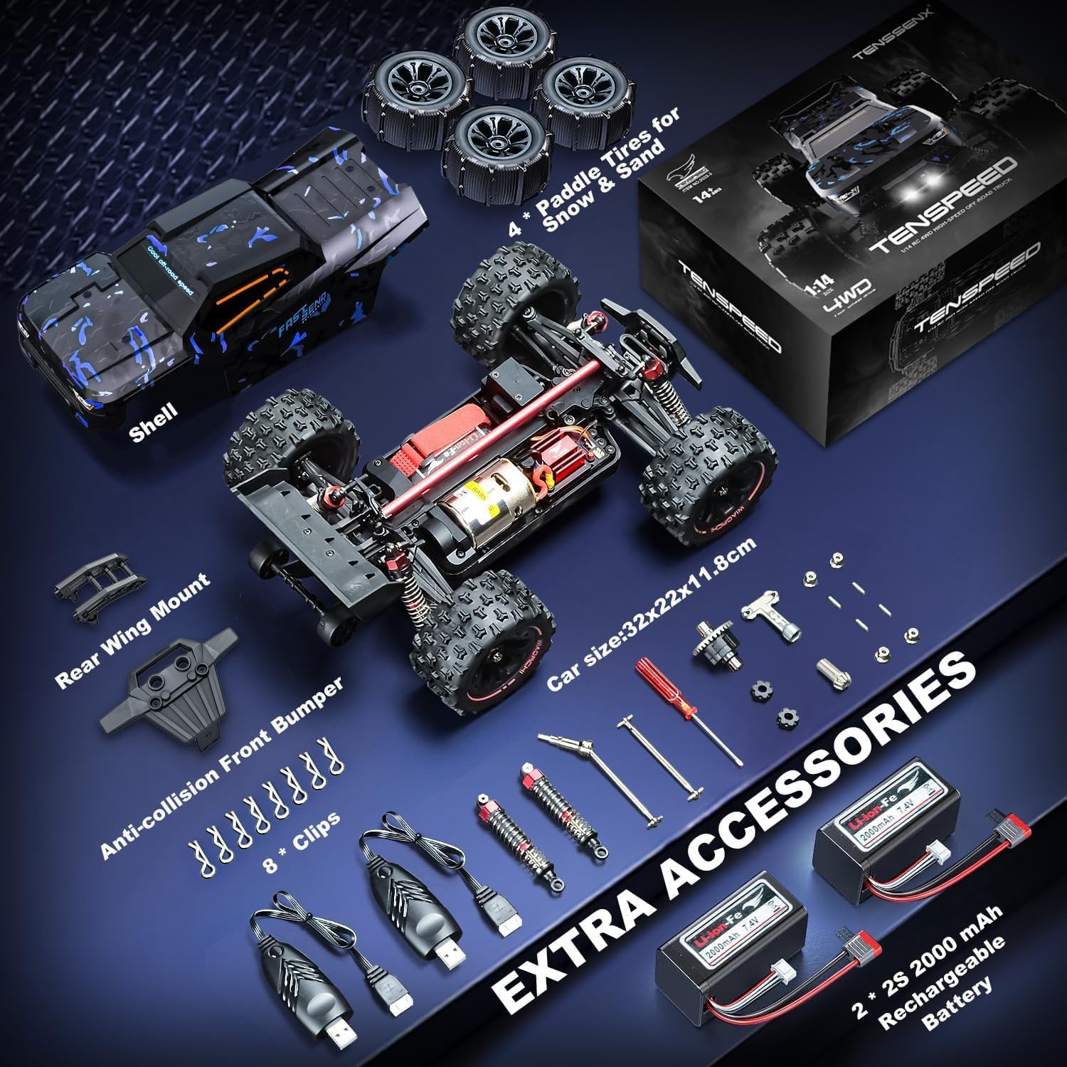 1:14 Scale RC Cars for Adults, 60KPH High Speed RC Truggy, 4X4 Off-Road Remote Control Truck, Waterproof Electric Car with 2S Battery, All Terrain RC Vehicle for Snow, Sand, Beach & Rocky Surfaces