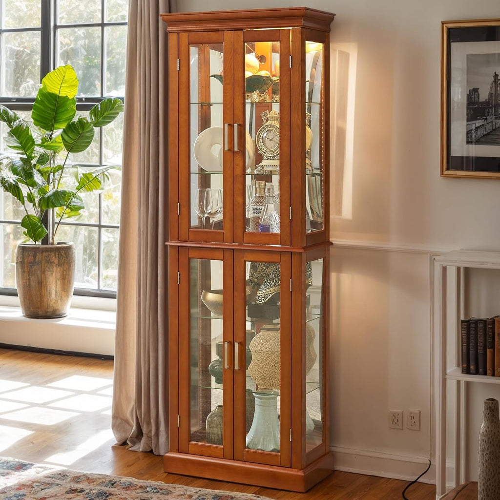 Lighted Curio Cabinet 70' Glass Display Case with Adjustable Shelves Vintage, Wooden Wine Bar Cabinet with 6 Shelves for Living Room Liquor Storage (E26 Light Bulb not Included) (Walnut)