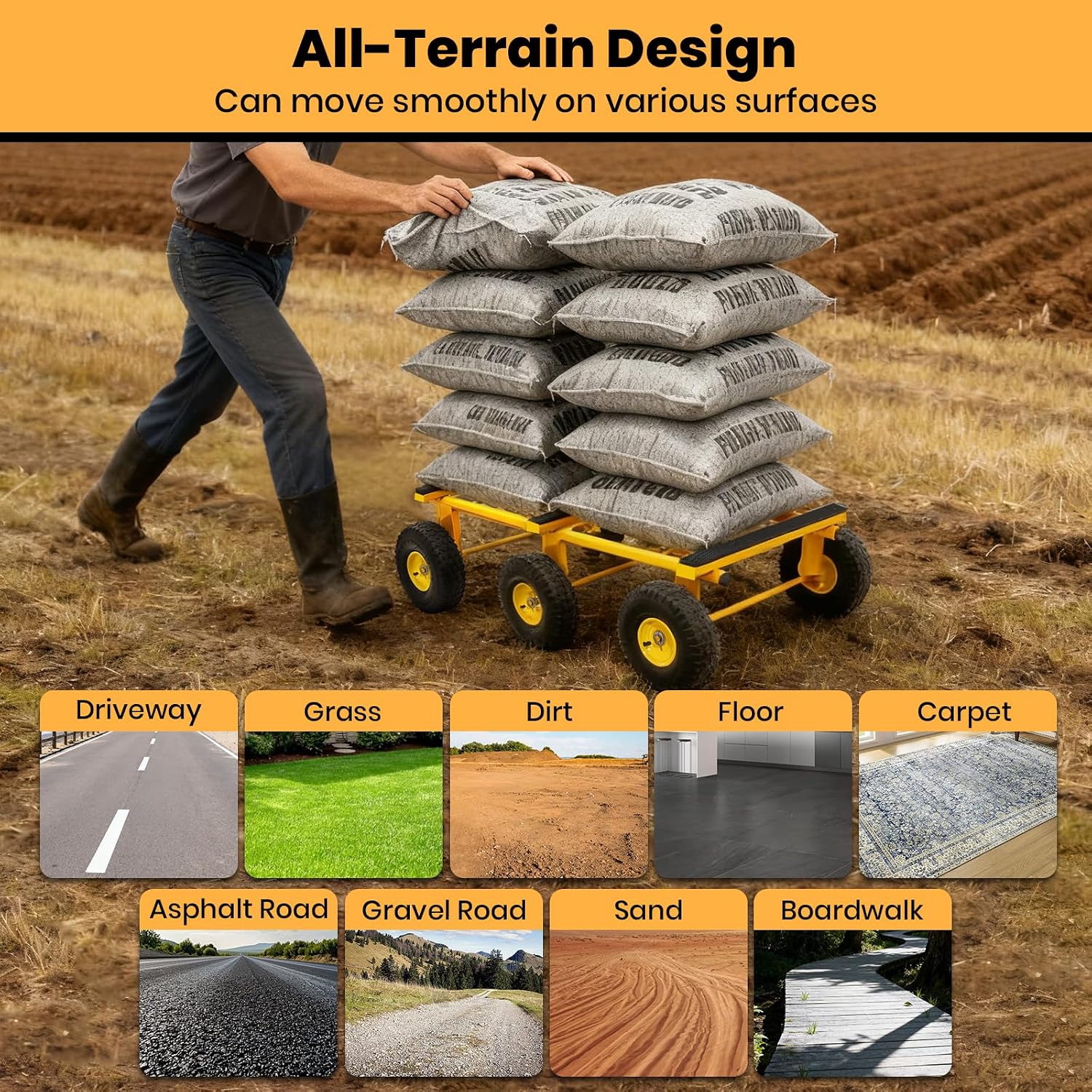 6 Wheel All Terrain Dolly, Heavy Duty Furniture Dolly 1300 Lbs Capacity, 10' Inflatable Tires Big Wheel Dolly, All Terrain Mover for Homes, Logistics, Warehouses, Shopping - 35.5' x 18' - Yellow