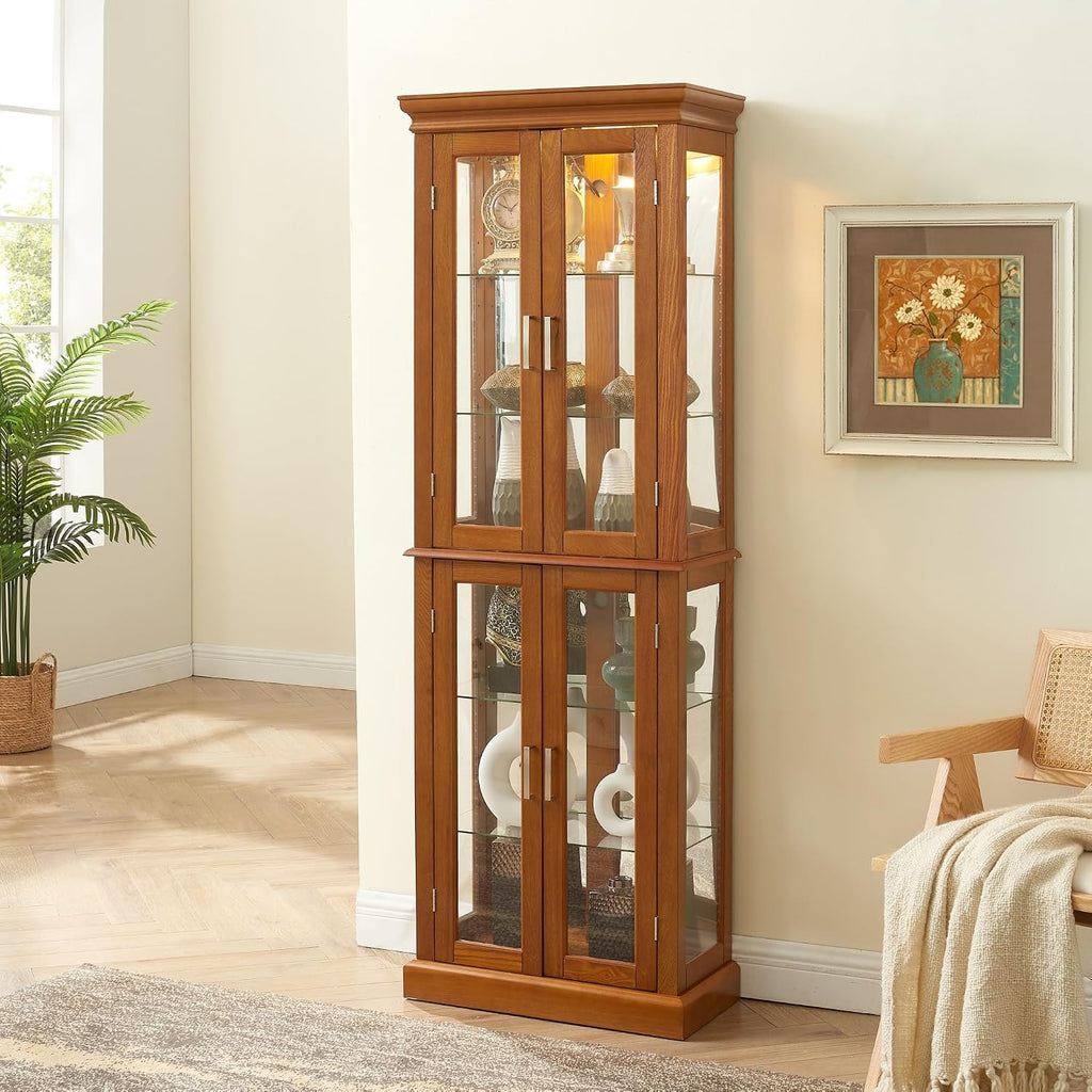 Lighted Curio Cabinet 70' Glass Display Case with Adjustable Shelves Vintage, Wooden Wine Bar Cabinet with 6 Shelves for Living Room Liquor Storage (E26 Light Bulb not Included) (Oak)
