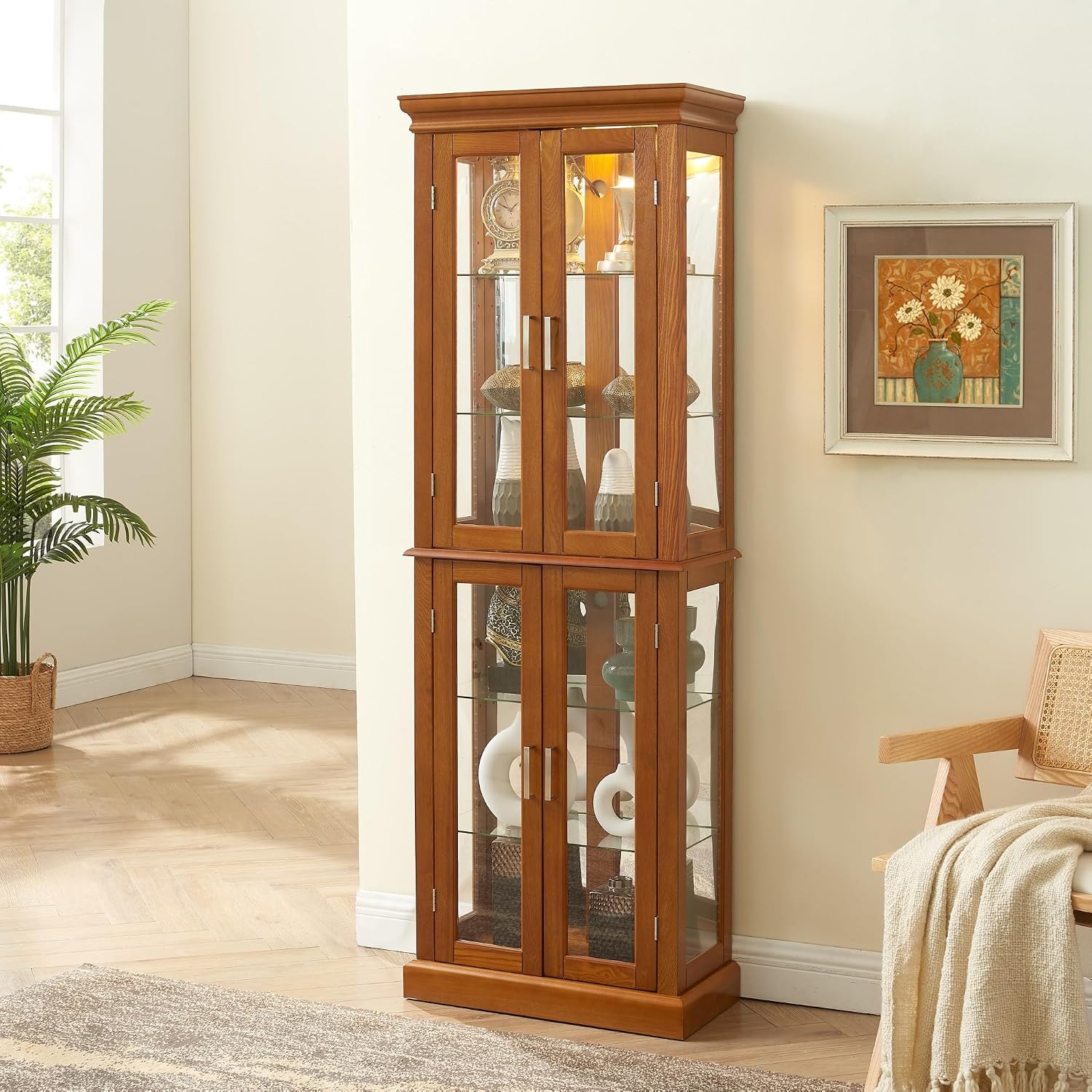 71' Lighted Curio Cabinet with 6 Adjustable Shelves, Vintage Glass Display Case, Tempered Glass Doors, Tall Wine Bar Cabinet for Living Room Liquor Storage(E26 Light Bulb not Included) (Oak)