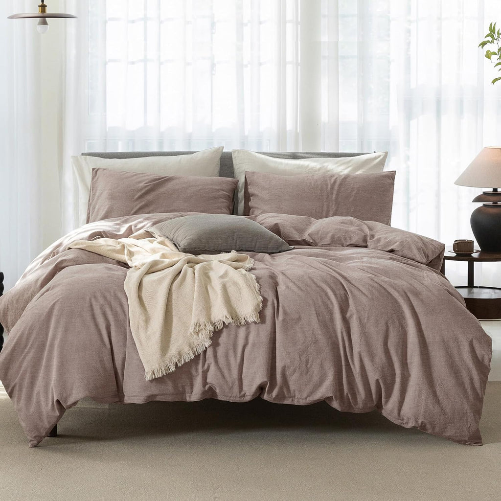 Super King Plus Cooling Duvet Cover Set - 3 Pieces 100% Cotton Bedding, Breathable, Crisp Linen-Like Texture, Naturally Soft & Gets Better，Hidden Zipper & Corner Ties – Mauve Brown, 120'x120'