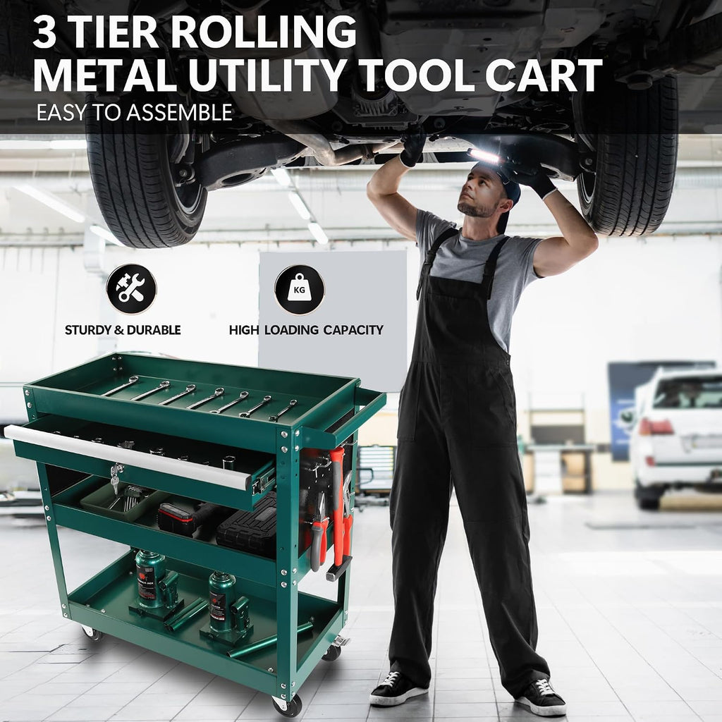 3 Tier Rolling Tool Cart, Heavy Duty Utility Cart Tool Organizer with Storage Drawer, Industrial Commercial Service Tool Cart for Mechanics, Garage, Warehouse & Repair Shop