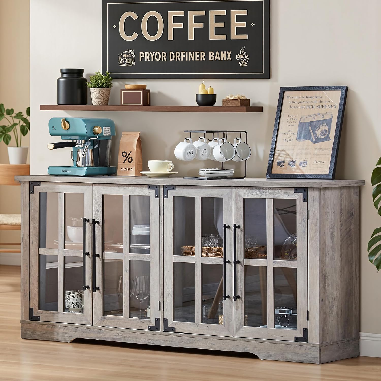 AMERLIFE Farmhouse 63' Buffet Sideboard Cabinet with Glass Door, Large Storage Cabinet with Adjustable Shelf, Wooden Coffee Bar Station for Kitchen, Dinning Room, Rustic Grey