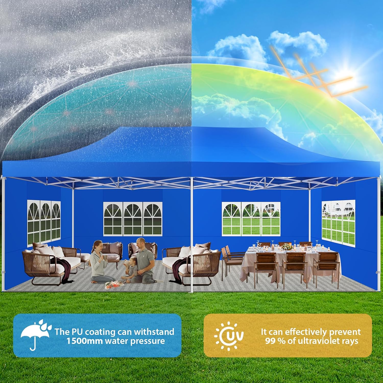COBIZI 13x26 Pop up Canopy Heavy Duty with 6 Sidewalls, Easy Set-up Commercial Outdoor Party, 100% Waterproof Wedding Canopy Gazebo, 2 Height Adjustable with Wheeled Bag, Blue
