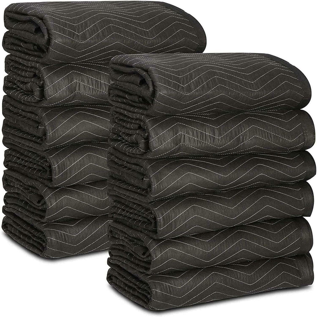12 Moving & Packing Blankets 80' x 72' (55 lb/dz Weight) - Quilted Shipping Furniture Pads (Black)