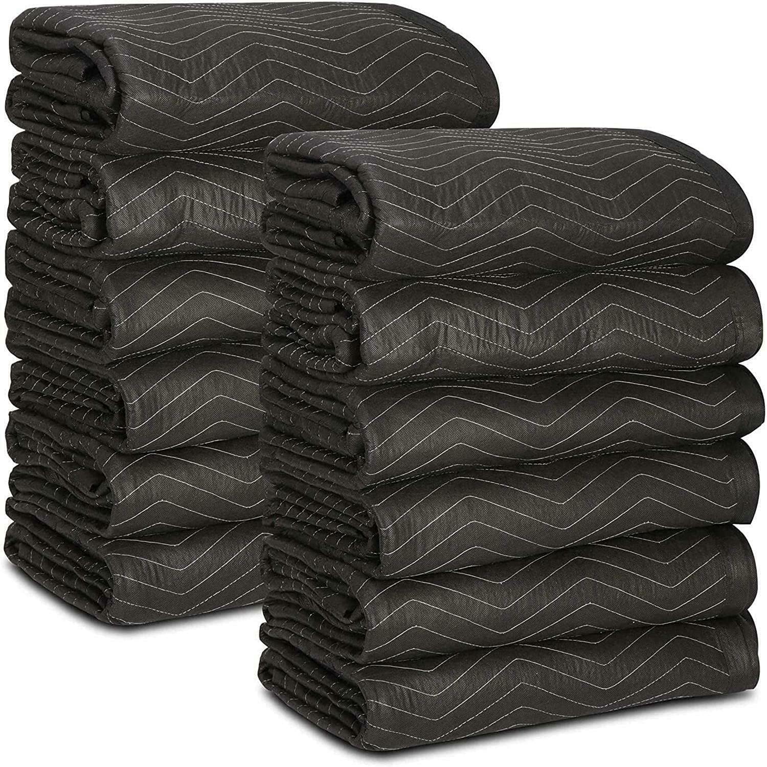 12 Moving & Packing Blankets 80 inches x 72 inches (55 lb/dz Weight) - Quilted Shipping Furniture Pads (Black)