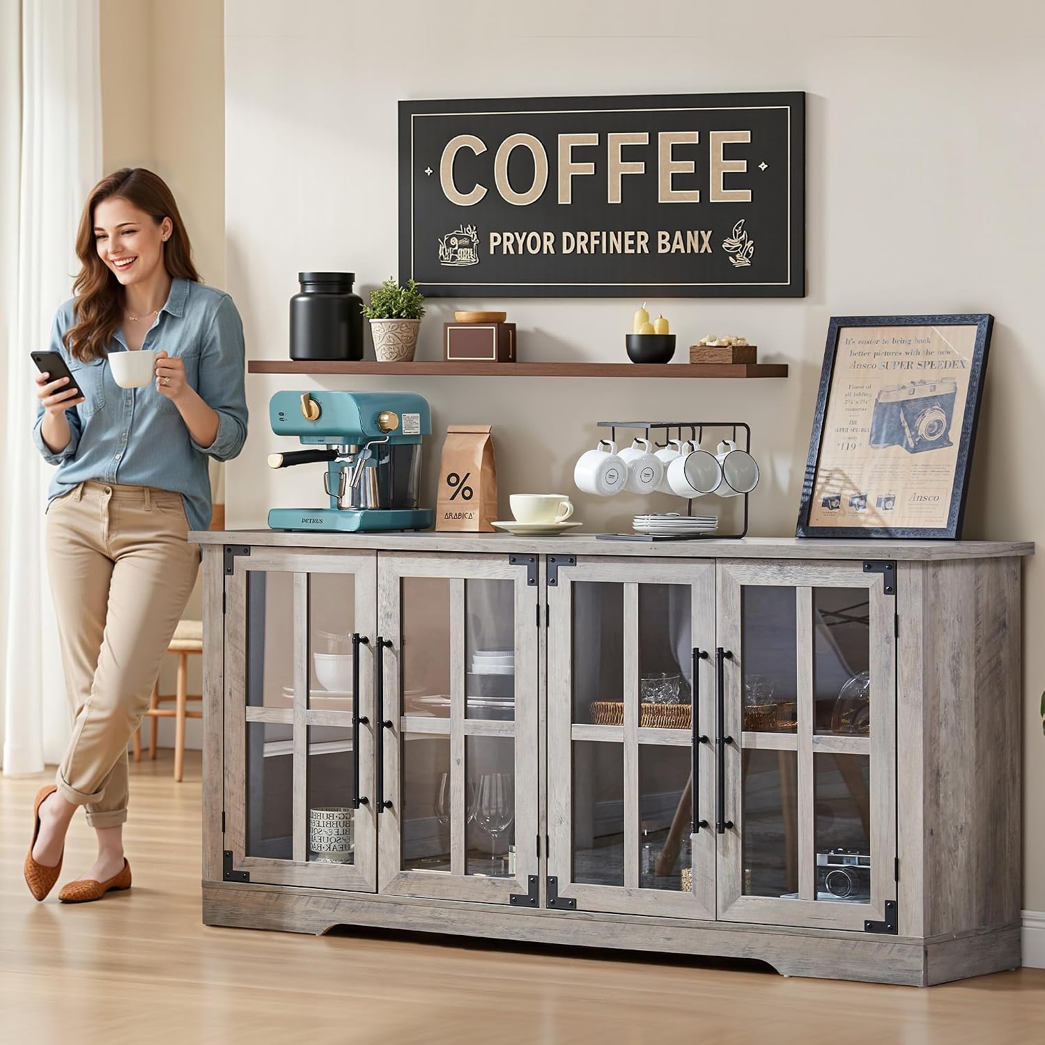 AMERLIFE Farmhouse 63' Buffet Sideboard Cabinet with Glass Door, Large Storage Cabinet with Adjustable Shelf, Wooden Coffee Bar Station for Kitchen, Dinning Room, Rustic Grey
